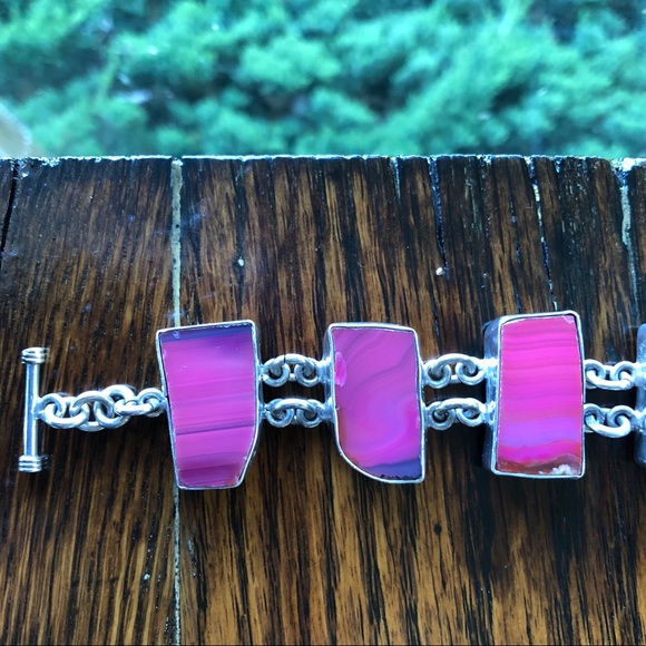 Vintage Sterling Silver Pink Agate Toggle Bracelet - Picture 10 of 16